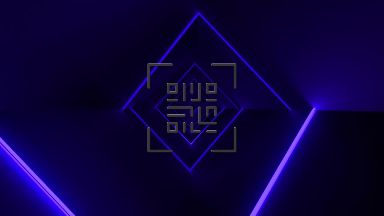 Digital animation af glødende neonpink QR-kode mod en glødende neonblå tunnel på sort baggrund.