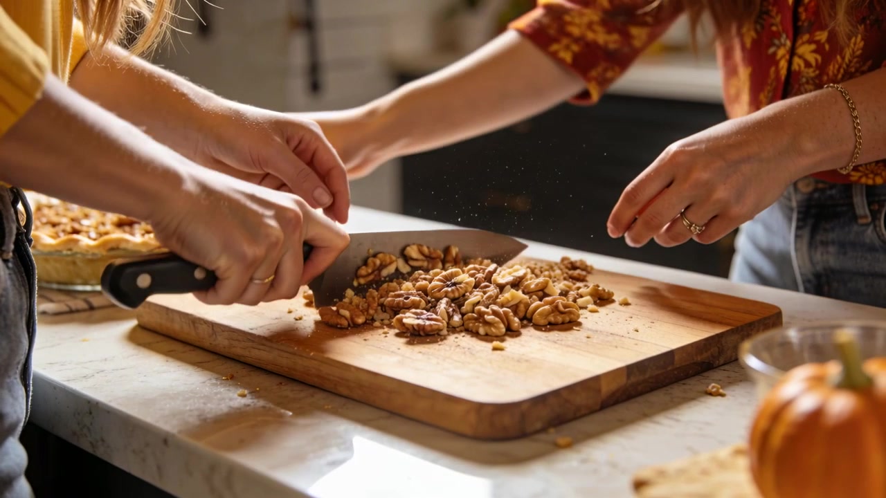 Due mani di donna che premono e oscillano un coltello da chef, tritando noci su un tagliere di legno in cucina per una crostata.