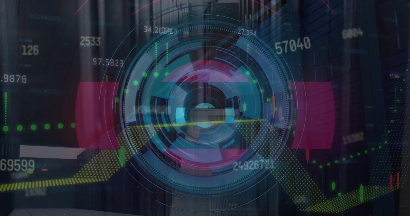 Animation of numbers, scope and data processing over computer motherboard