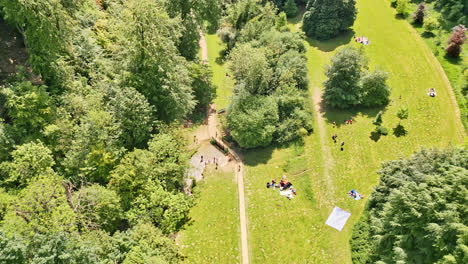 A-drone's-perspective-on-a-UK-summer-park—families-enjoying-a-meandering-stream,-delightful-picnic-spots,-and-a-wooded-tourist-attraction