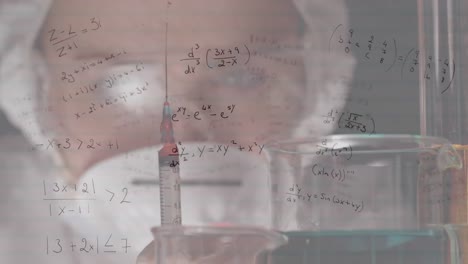 Animation-of-mathematical-equations-over-caucasian-female-scientist-holding-a-syringe-at-laboratory