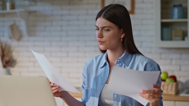 Videocalling girl examining documents talking at zoom meeting on laptop closeup