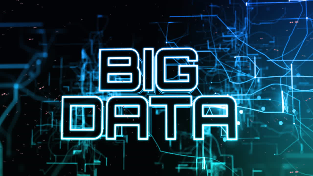 animación de texto de grandes datos con patrón de navegación sobre fondo negro