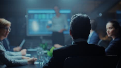 in the corporate meeting room: female executive makes a speech and uses digital interactive whiteboard for presentation to a board of directors, investors. screen shows growth data. late at night office