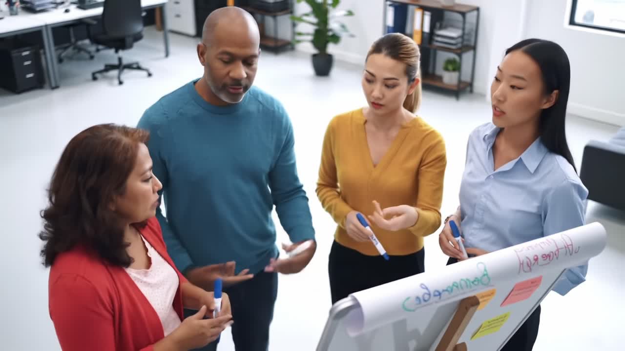 Engaging Collaboration Amid Creative Ideas: A Group of Professionals Brainstorming Around a Whiteboard in a Modern Office Setting, Sharing Insights and Solutions Together
