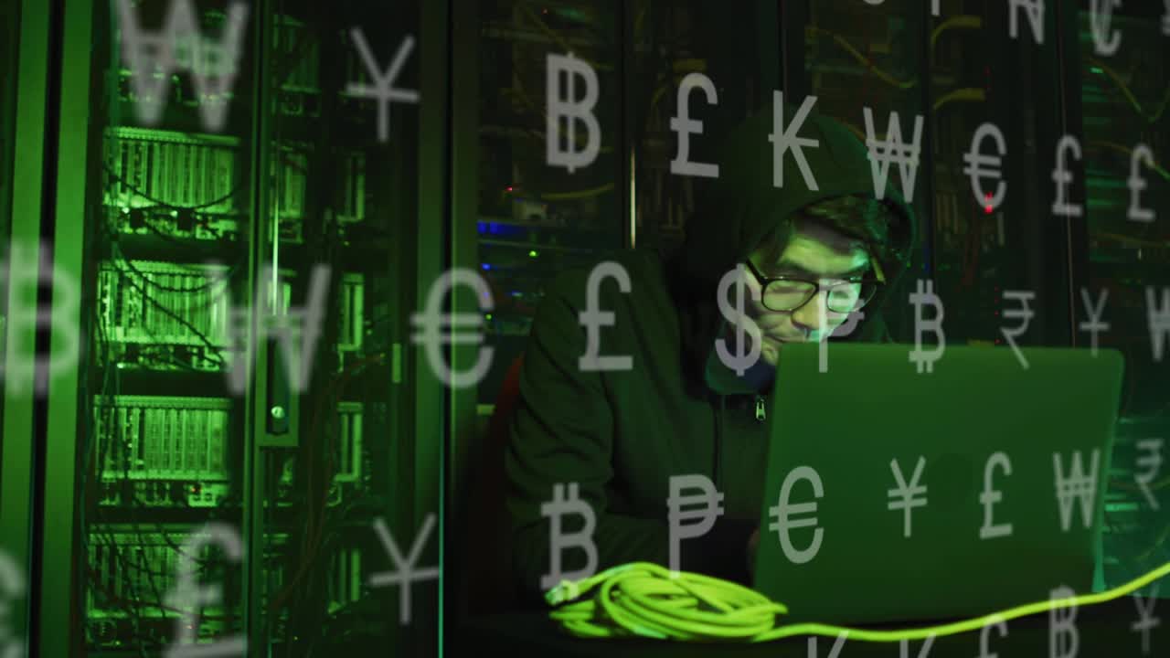 Technician using laptop in server room, typing and causing crypto symbols over racks for finance