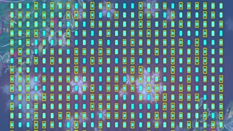 animación de filas de círculos giratorios sobre pantallas digitales