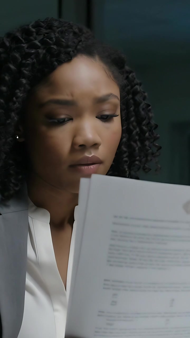 Vertical video: Lifting paper, office woman in white blouse reading at desk, verifying facts