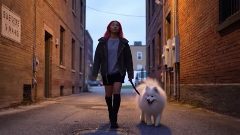 a stylish individual with vibrant hair takes a leisurely stroll with a fluffy samoyed dog through a serene urban alley at dusk