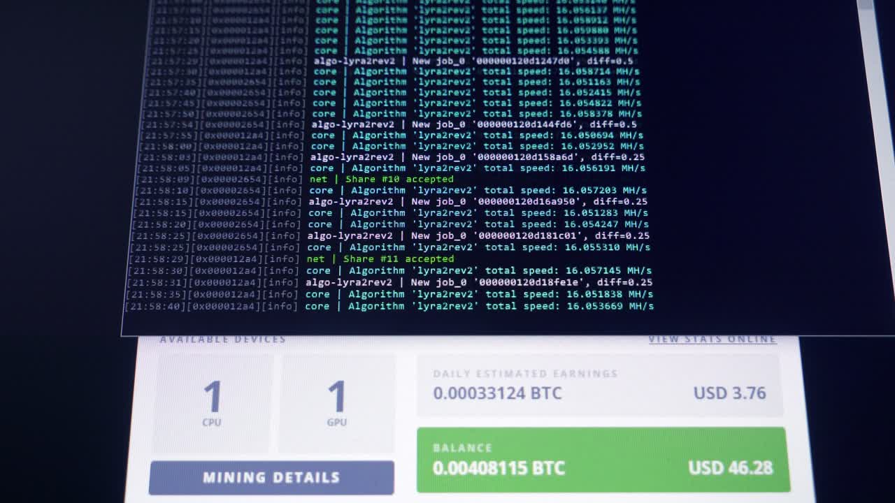 Screen with crypto code. Program code for mining cryptocurrency, mining work. Screen with software developer code. Crypto-currency