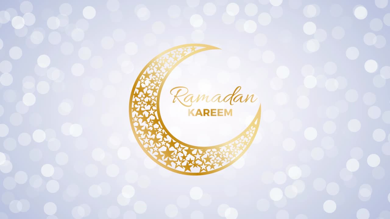 Sfondo per Ramadan Kareem con luna dorata. Illustrazione animata con luci lampeggianti e testo