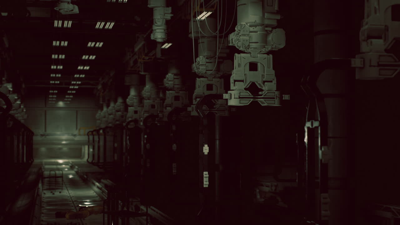 Industrial interior with large machinery and dim lighting at night