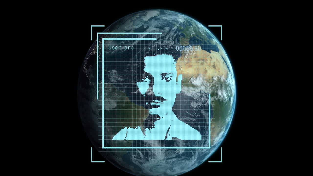 검은색 배경에 회전하는 지구상에서 프로파일 아이콘을 변경하는 애니메이션