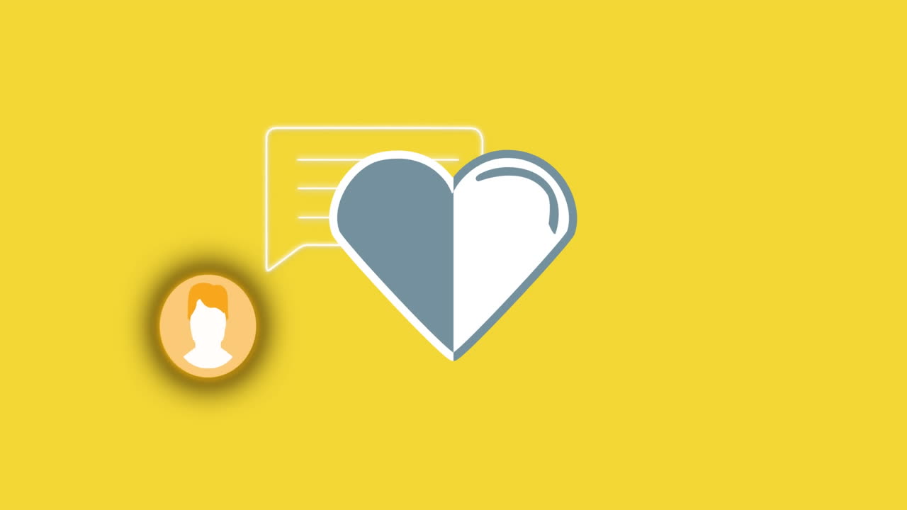 animación del icono del perfil con burbuja de habla y forma de corazón sobre fondo amarillo
