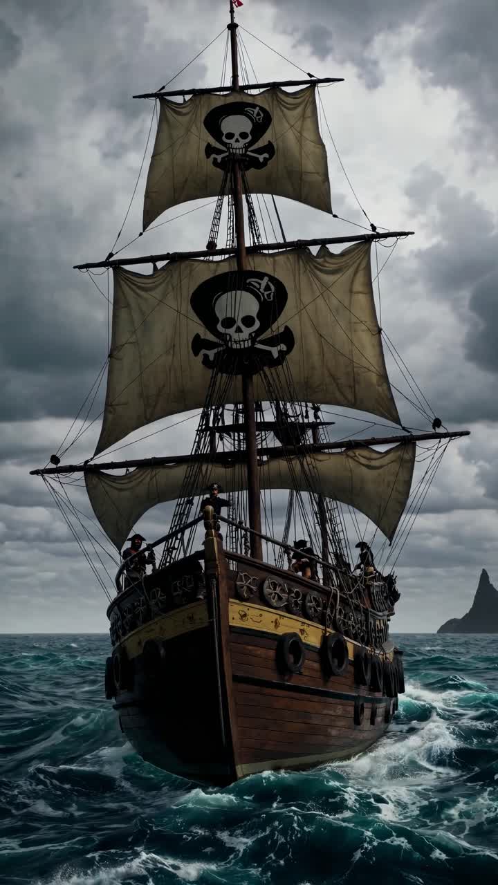 Toma de vídeo dramática de un barco pirata desde un ángulo bajo, donde se muestran velas oscuras con calaveras, set