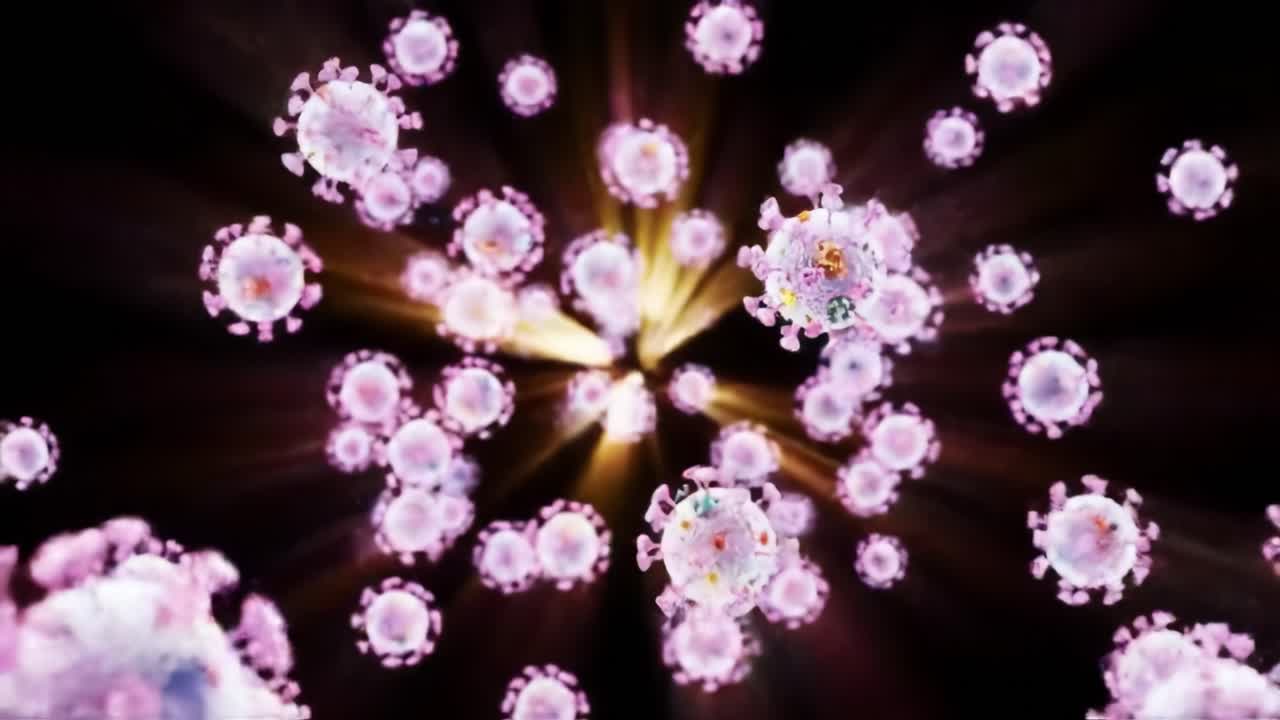 A Detailed Visualization of Virus Particles Suspended in Motion, Illuminated by Radiant Light, Showcasing Their Intricate Structures and Dynamic Movement in a Captivating Scene