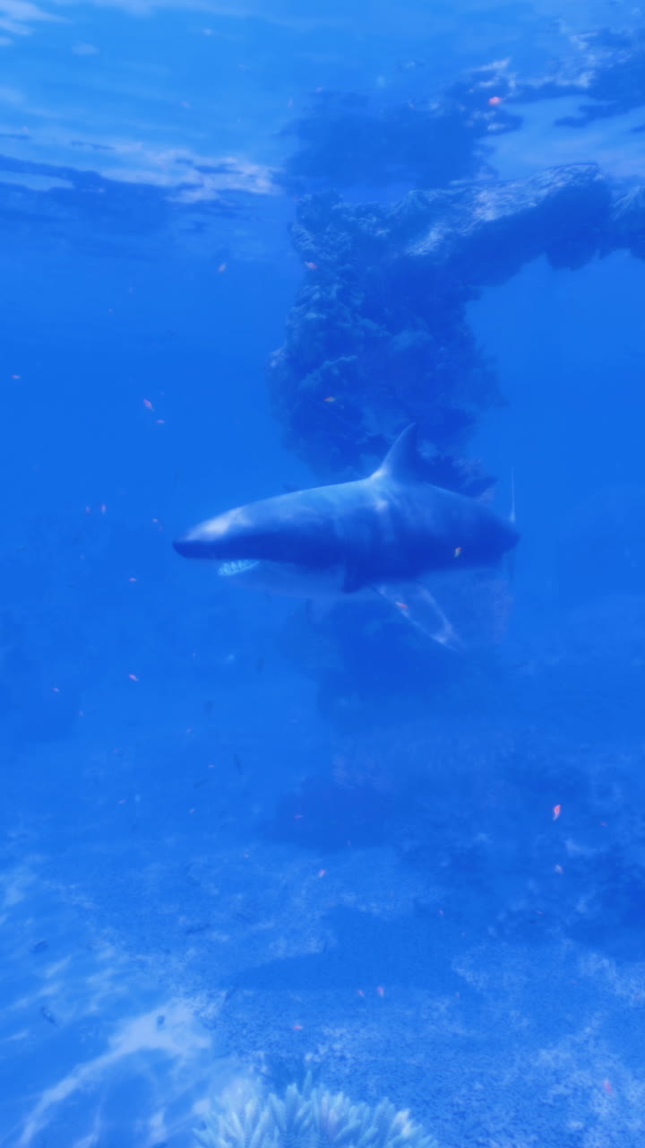 Underwater view of a shark swimming near coral reefs in a tropical ocean