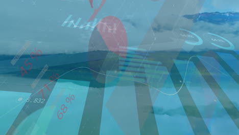 overlaying animation of financial data and graphs on serene ocean landscape