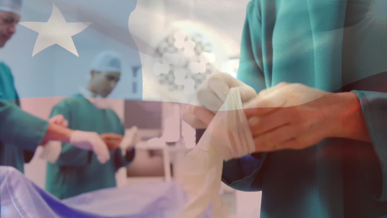 animación de la bandera de chile ondeando sobre el cirujano en el quirófano