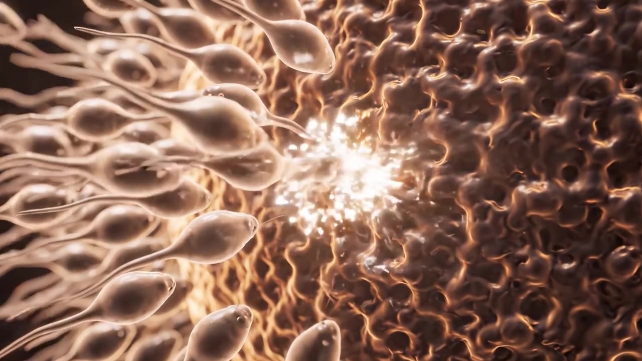 Una visione ravvicinata di spermatozoi che si avvicinano e fecondano una cellula uovo, evidenziando la complessa interazione e il processo biologico della riproduzione