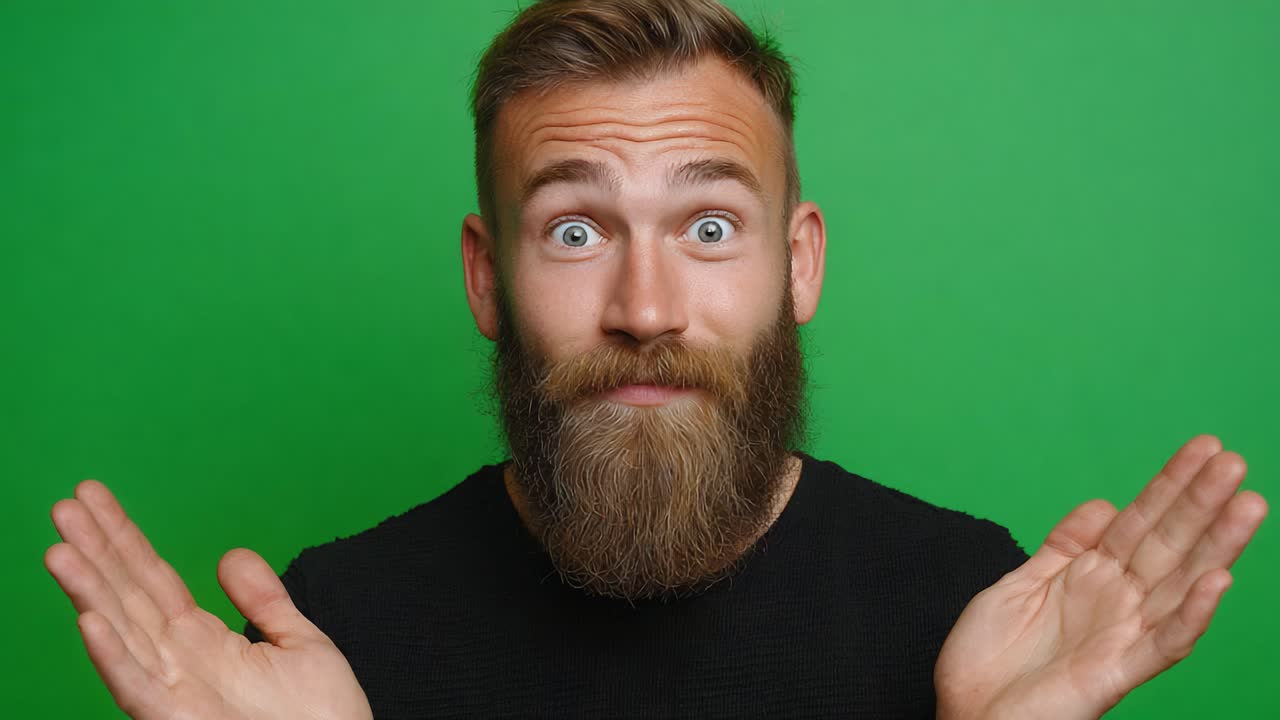 Surprised Man Expressing Emotions Against a Bright Green Background, Capturing a Sense of Wonder and Excitement with Raised Hands and Wide Eyes