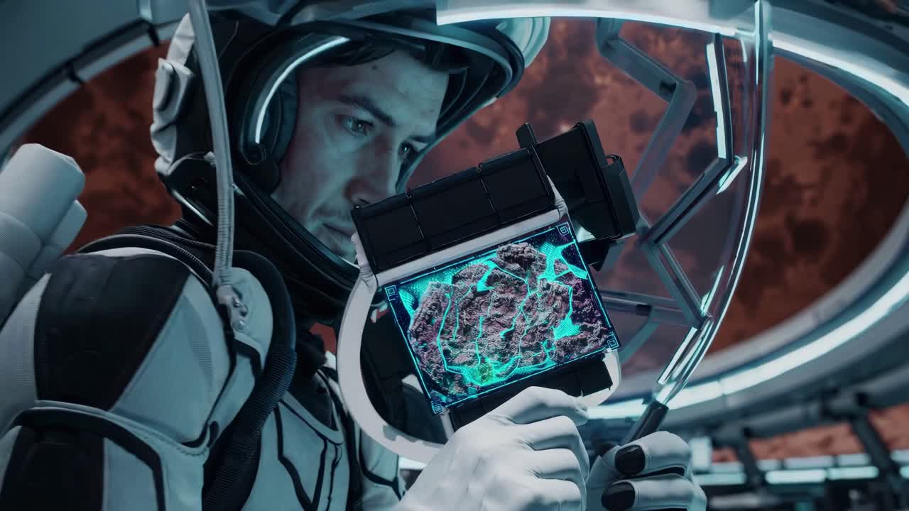 Astronauta che analizza un campione marziano
