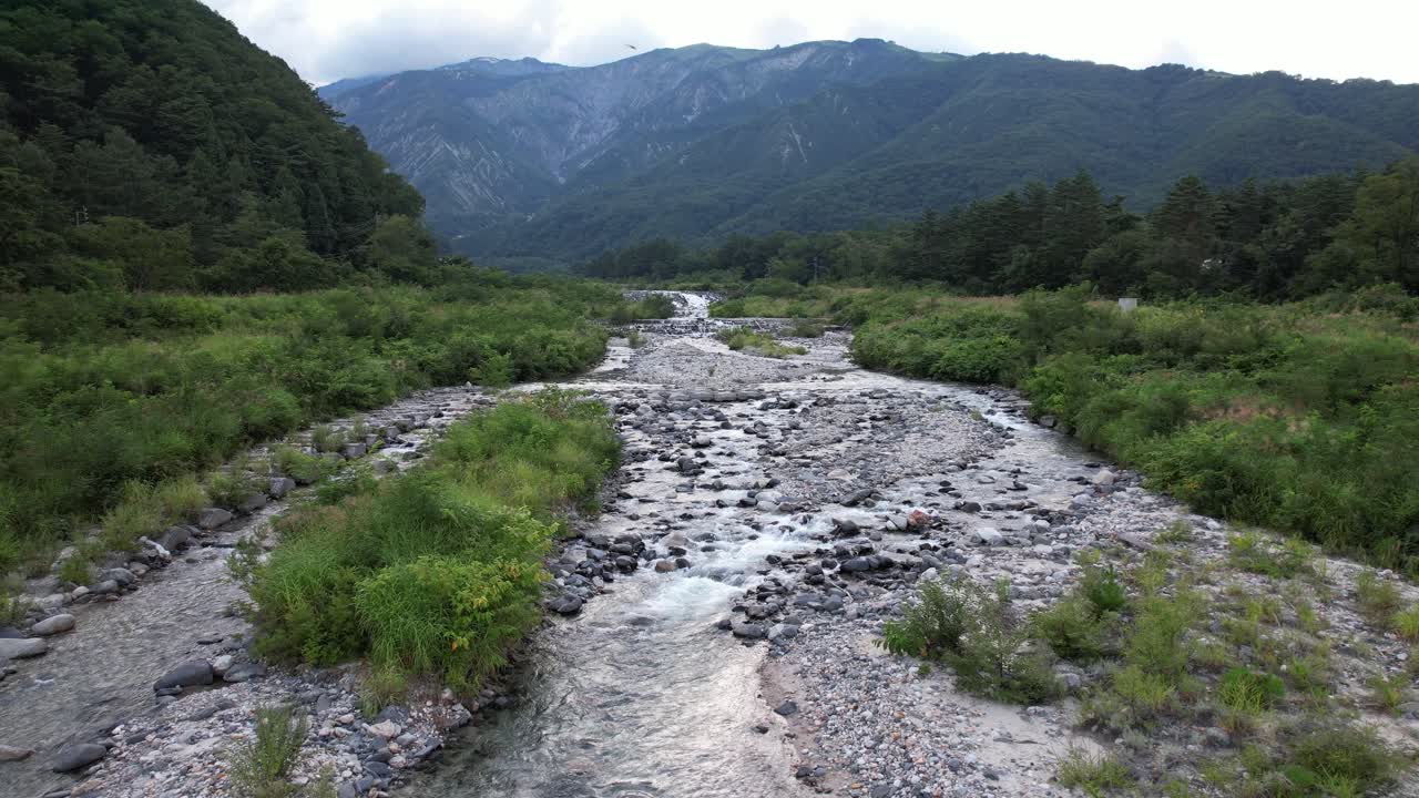 Matsu River Set In The Majestic Japanese Alps Near Hakuba In Nagano Prefecture, Japan. Aerial Pullback Shot