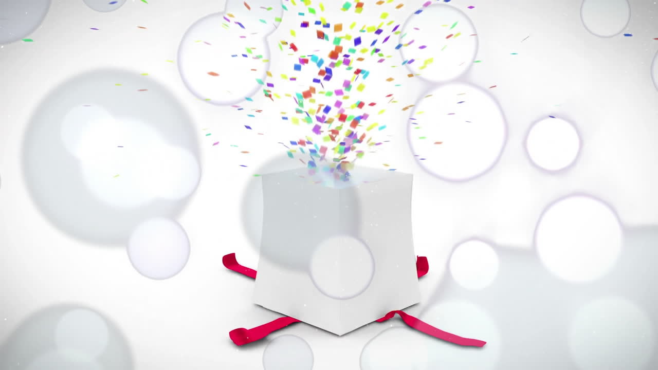 animación de confeti y burbujas sobre caja de regalo blanca con cintas rojas