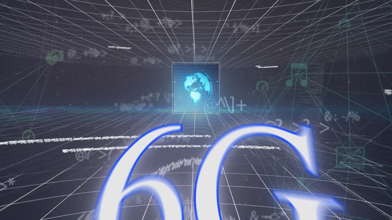 Animation of moving connected icons, computer language, 6g text, globe and symbols