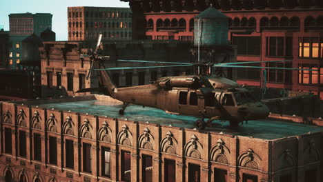 black war chopper in the city