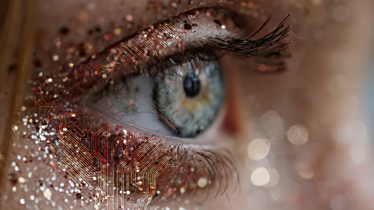 A Close-Up View of an Eye Adorned with Glitter and Circuit Patterns, Blending Technology and Beauty in a Spectacular Display of Artistry and Innovation