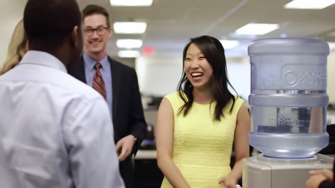 A Joyful Office Interaction Around the Water Cooler: Colleagues Engaging and Sharing Laughter in a Bright Workplace Environment