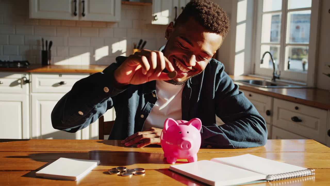 Happy man saving money in a piggy bank at home