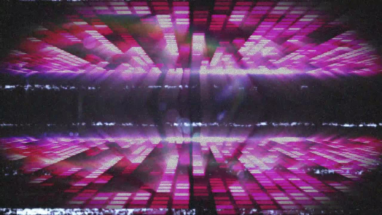 Magenta EQ grid being animated by center pulse, emitting rays, sweeping glitch bands to mimic CRT