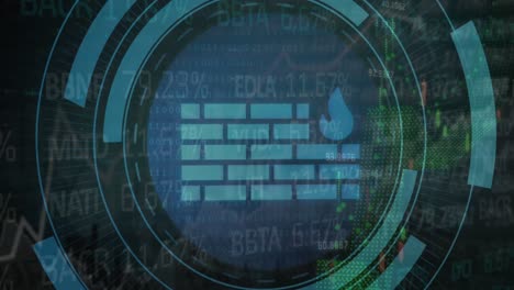 animación del icono del cortafuegos sobre el escáner redondo contra el procesamiento de datos financieros y del mercado de valores