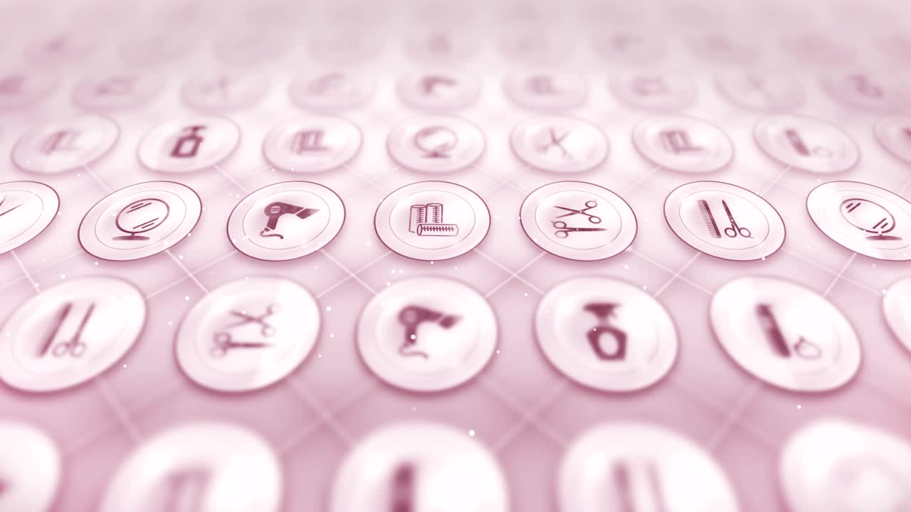 conjunto de iconos de peluquería, fondo de artículos de pelucería, animación de bucle cg,