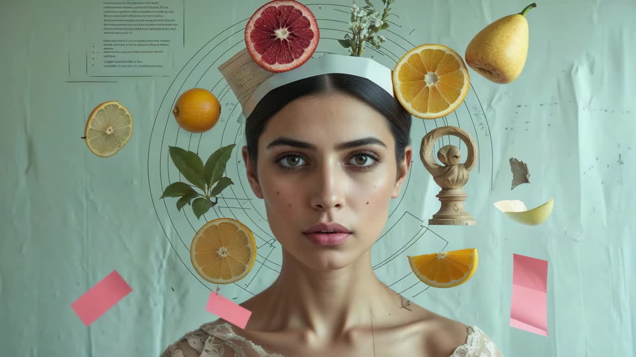 Surreal Portrait of a Woman with Floating Fruits and Natural Elements
