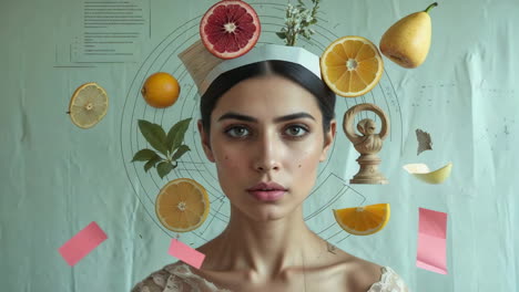 surreal portrait of a woman with floating fruits and natural elements