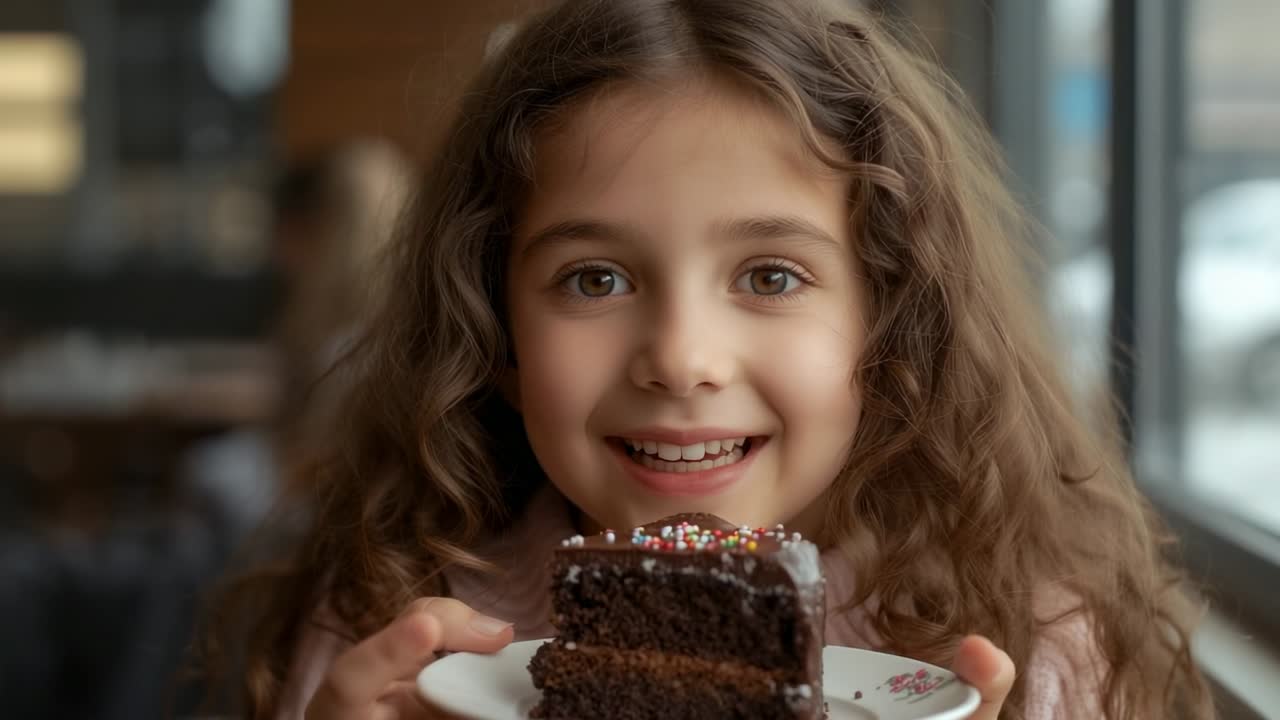 Zooming camera capturing child holding cake slice on plate with sprinkles by cafe window