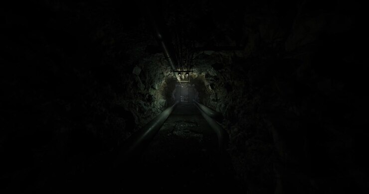 Tunnel industriale con tubi arrugginiti, pareti umide, luce fioca e muschio