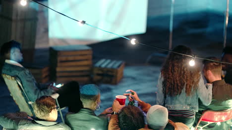 night, movie or couple in an outdoor cinema