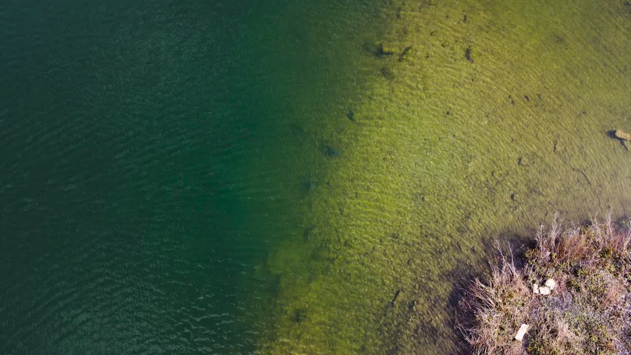 Ripresa aerea di un lago stagno sull'isola di Norfolk con pesca di carpe.