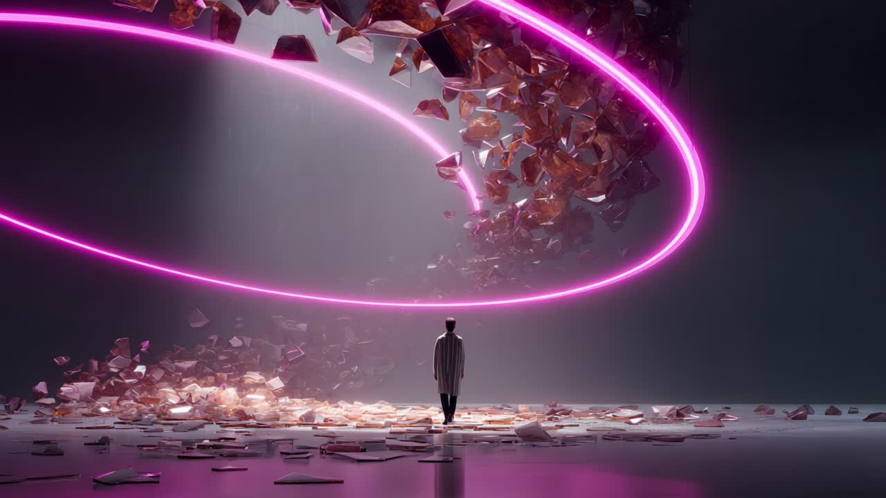 A surreal scene featuring a solitary figure standing beneath a swirling vortex of fragmented crystals illuminated by vibrant pink light, evoking feelings of wonder and contemplation in a dreamlike environment