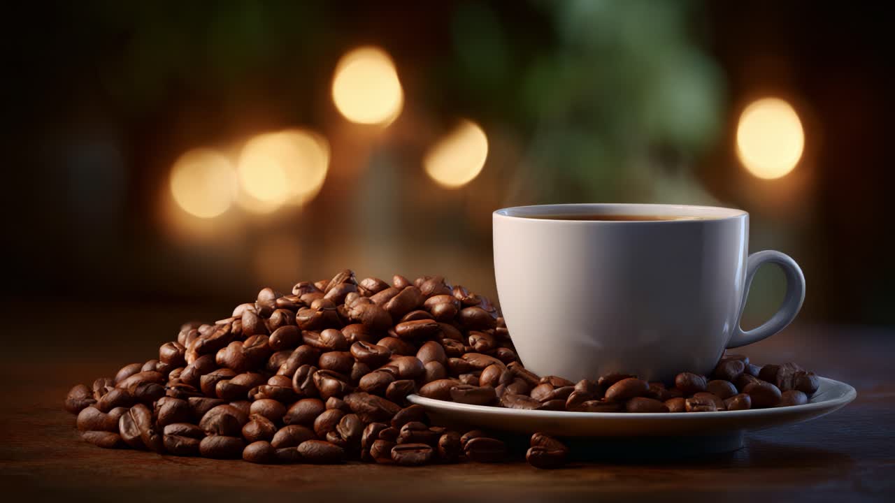 En rik og aromatisk kaffeopplevelse: En koselig kopp omgitt av nyristede kaffebønner og myke, varme bakgrunnslys som inviterer til ro og komfort