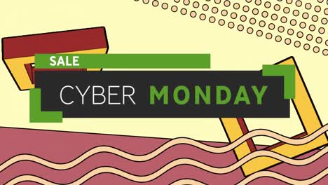 Animation-Des-Cyber-Monday-Textbanners-Vor-Farbenfrohen-Abstrakten-Formen-In-Nahtlosem-Muster