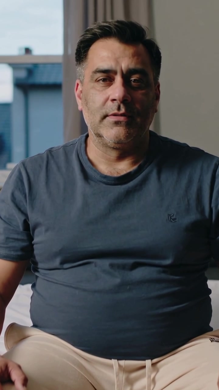 Video vertical: Hombre con camiseta azul marino y pantalones beige, inclinándose ligeramente y desviando la mirada en la cama, con un ligero movimiento de cámara.
