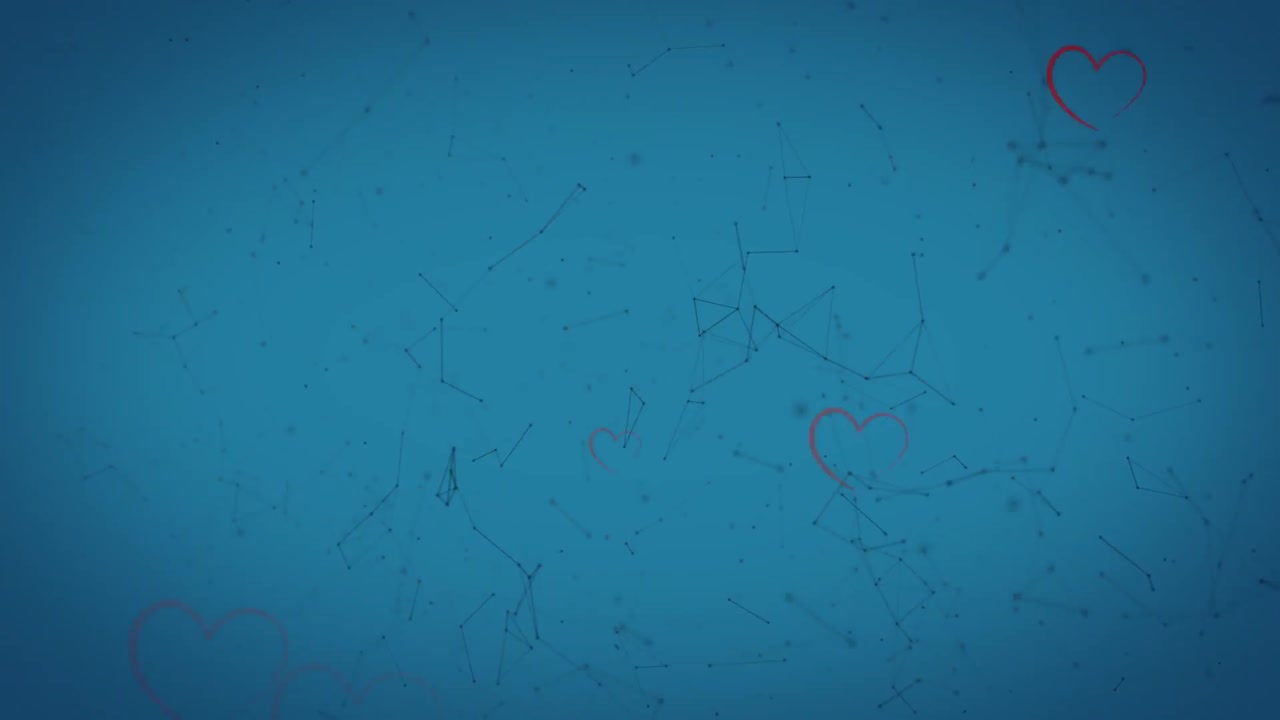 animación de corazones de cinta gris que caen sobre una red parpadeante de conexiones, sobre un fondo azul