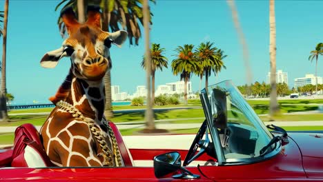 stylish giraffe wearing a gold chain enjoys a leisurely drive in a red convertible car, cruising along a picturesque coastal road lined with palm trees