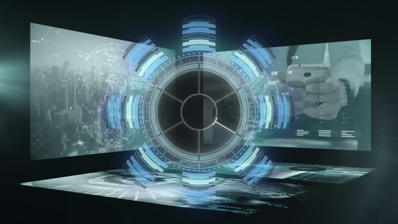 animación de escáner redondo sobre pantallas con procesamiento de datos y punto de luz contra fondo negro.