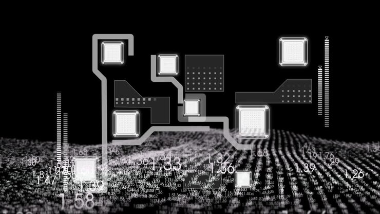 Animation of circuit board design overlaying digital binary code on black background